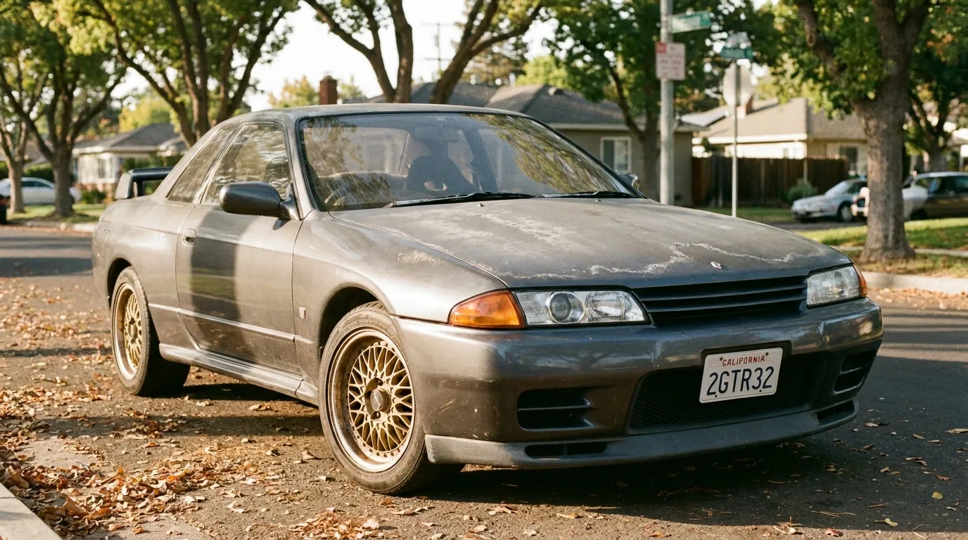 A weathered Nissan Skyline R32 GT-R parked on a US suburban street