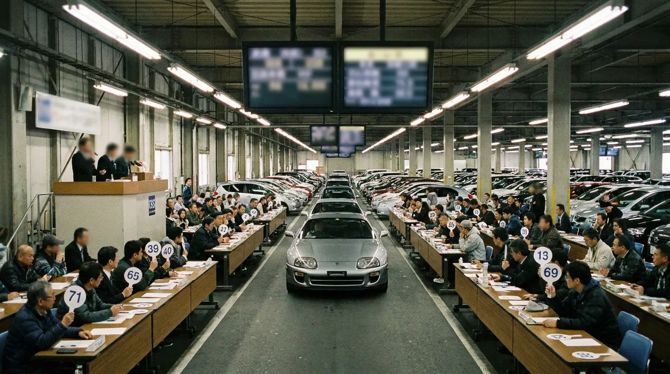 Inside a Japanese used-car auction hall with bidders and a car in the lane