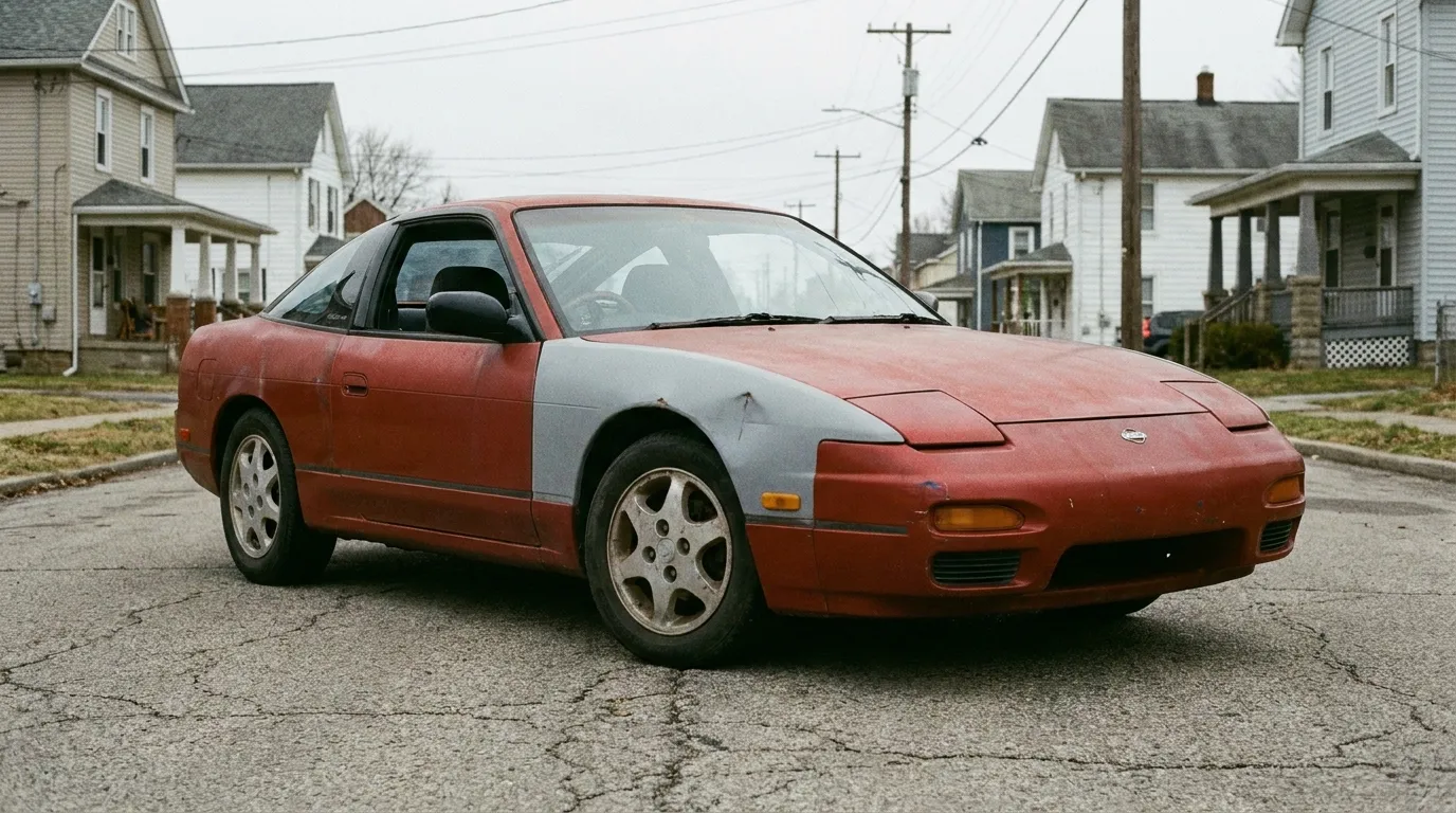 A rough, right-hand-drive Nissan 180SX with a mismatched panel parked on a US street