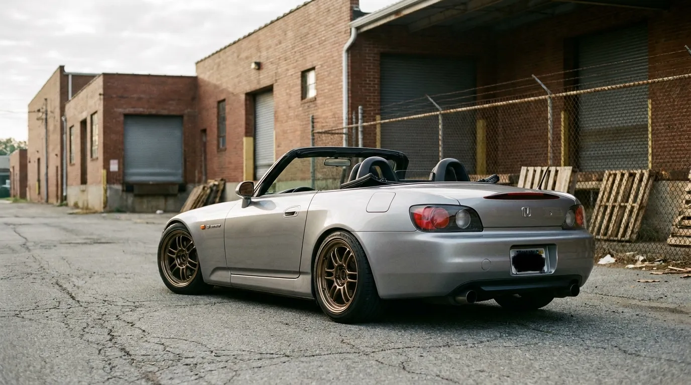 A silver Honda S2000 parked on an industrial US street