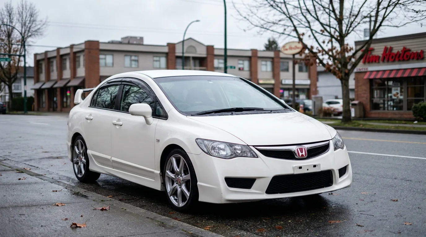 A Championship White Honda Civic Type R FD2 parked on an everyday Vancouver street