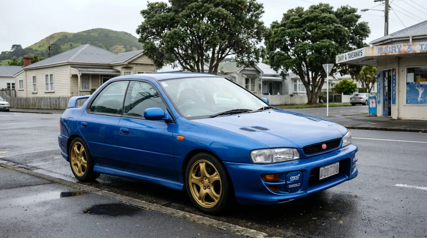A WR Blue Subaru Impreza WRX STI parked outside a corner dairy in suburban Auckland