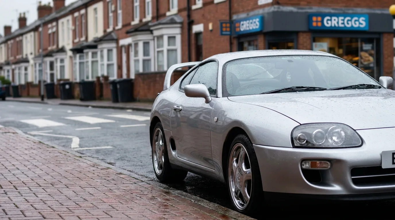 A silver Toyota Supra Mk4 parked on an everyday red-brick terraced street in England