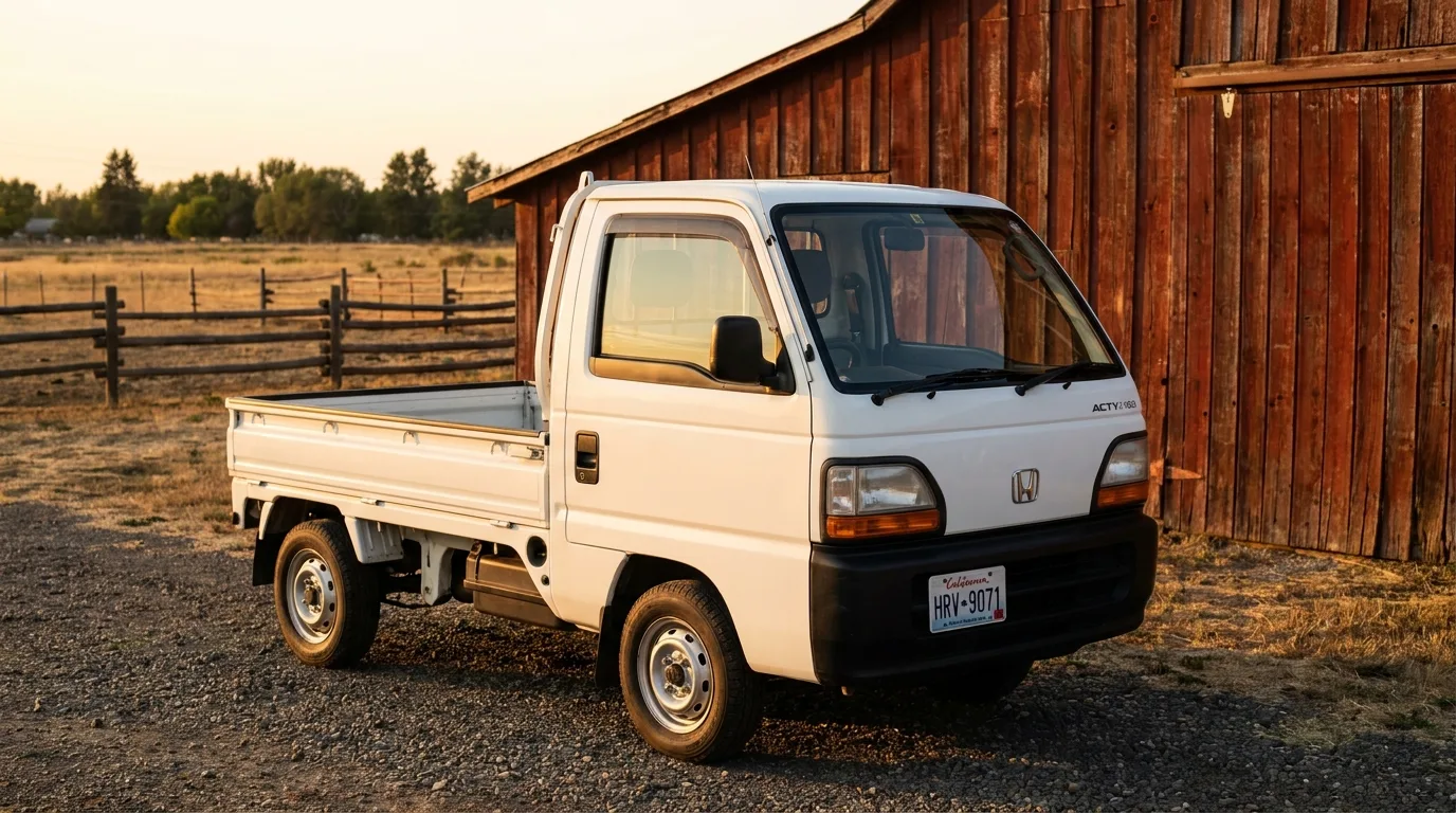 A white Honda Acty kei truck parked beside a barn on a rural US farm