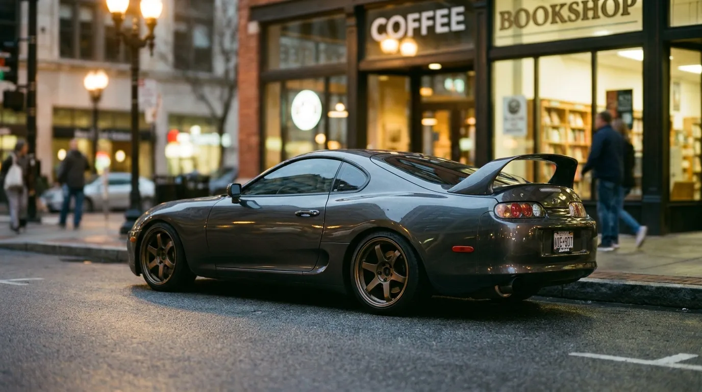 A modified Toyota Supra A80 parked on a US downtown street at dusk