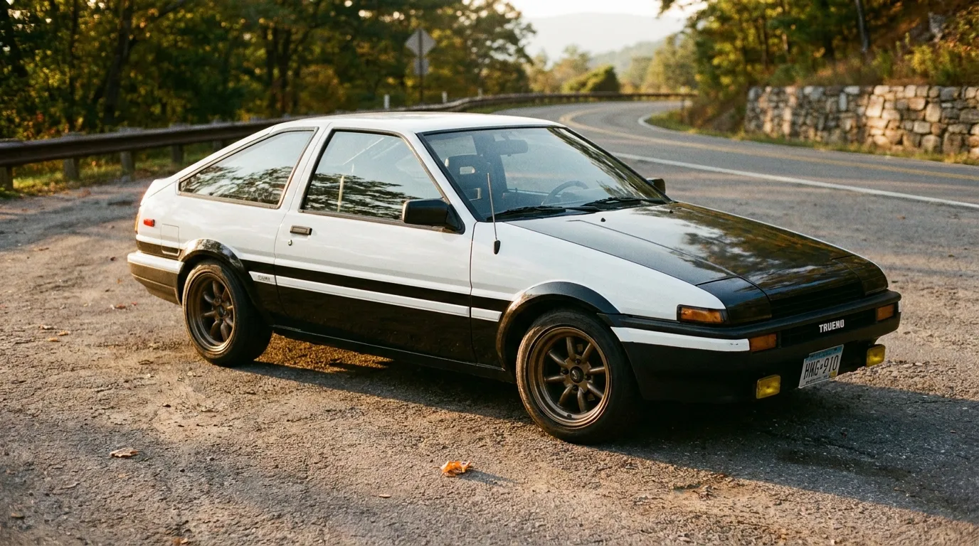 A black-and-white Toyota AE86 Trueno parked on a quiet US street