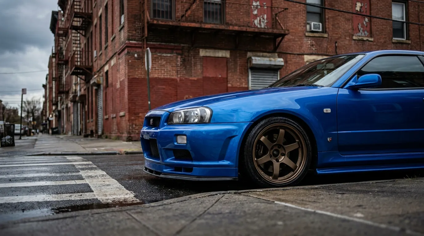 A modified Nissan Skyline R34 GT-R parked on a downtown US street