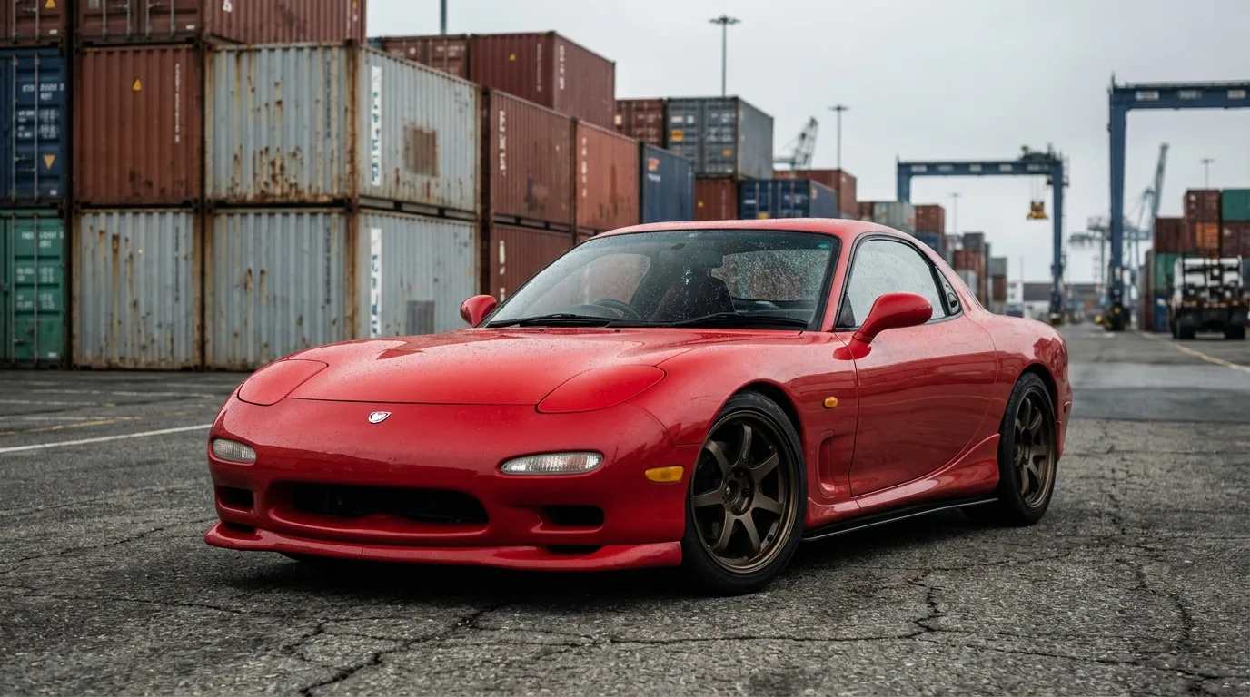 A red Mazda RX-7 FD parked in front of stacked shipping containers at a US port