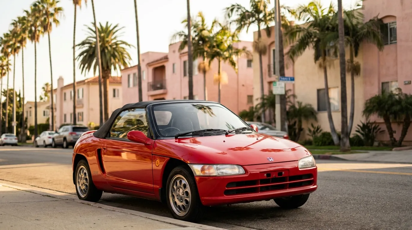 A red Honda Beat parked on a palm-lined Los Angeles street
