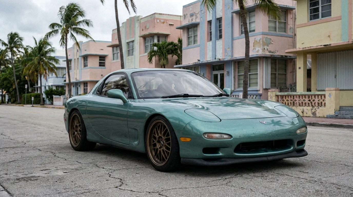 A teal Mazda RX-7 FD parked on a Miami street near art-deco buildings