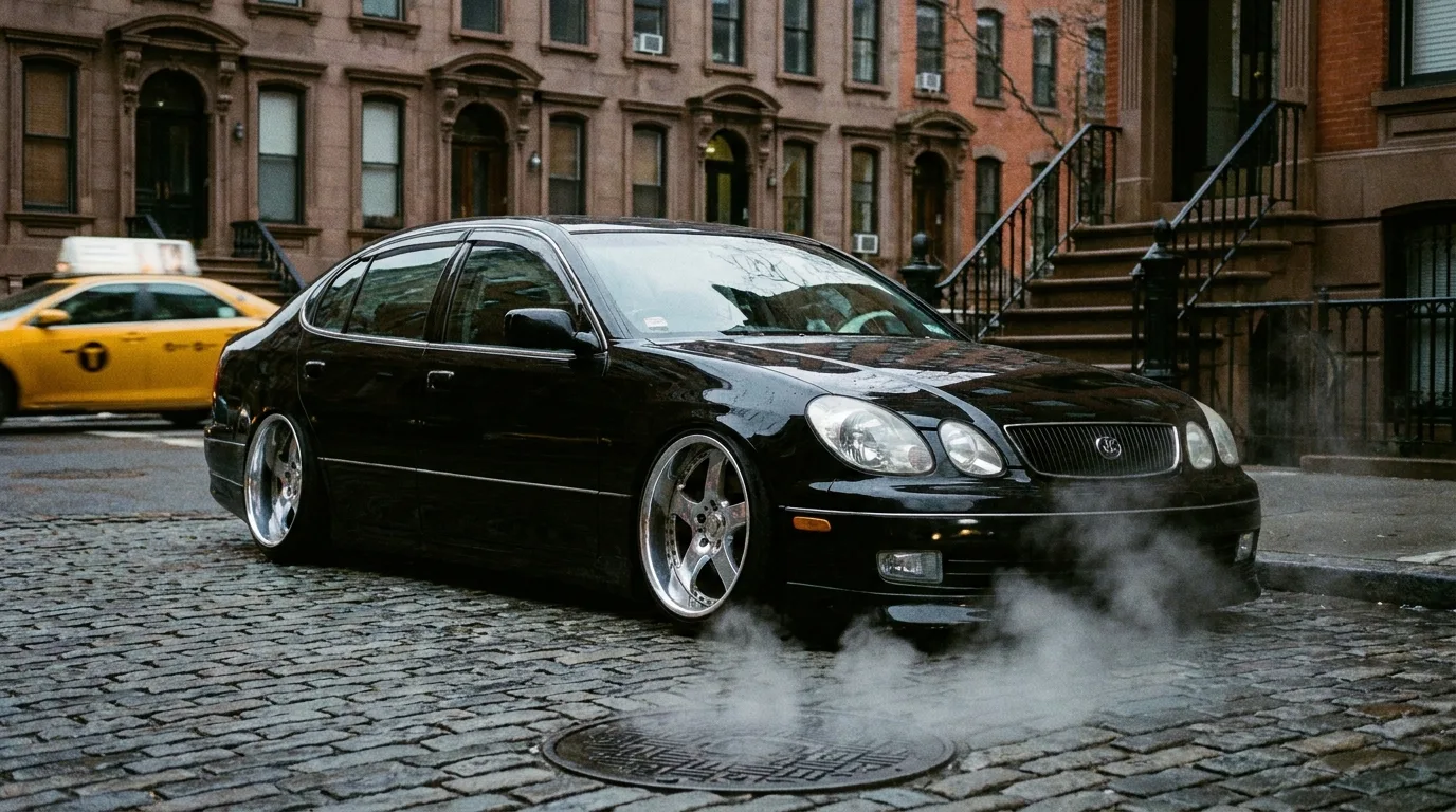 A slammed VIP-style Toyota Aristo sedan on a New York City street