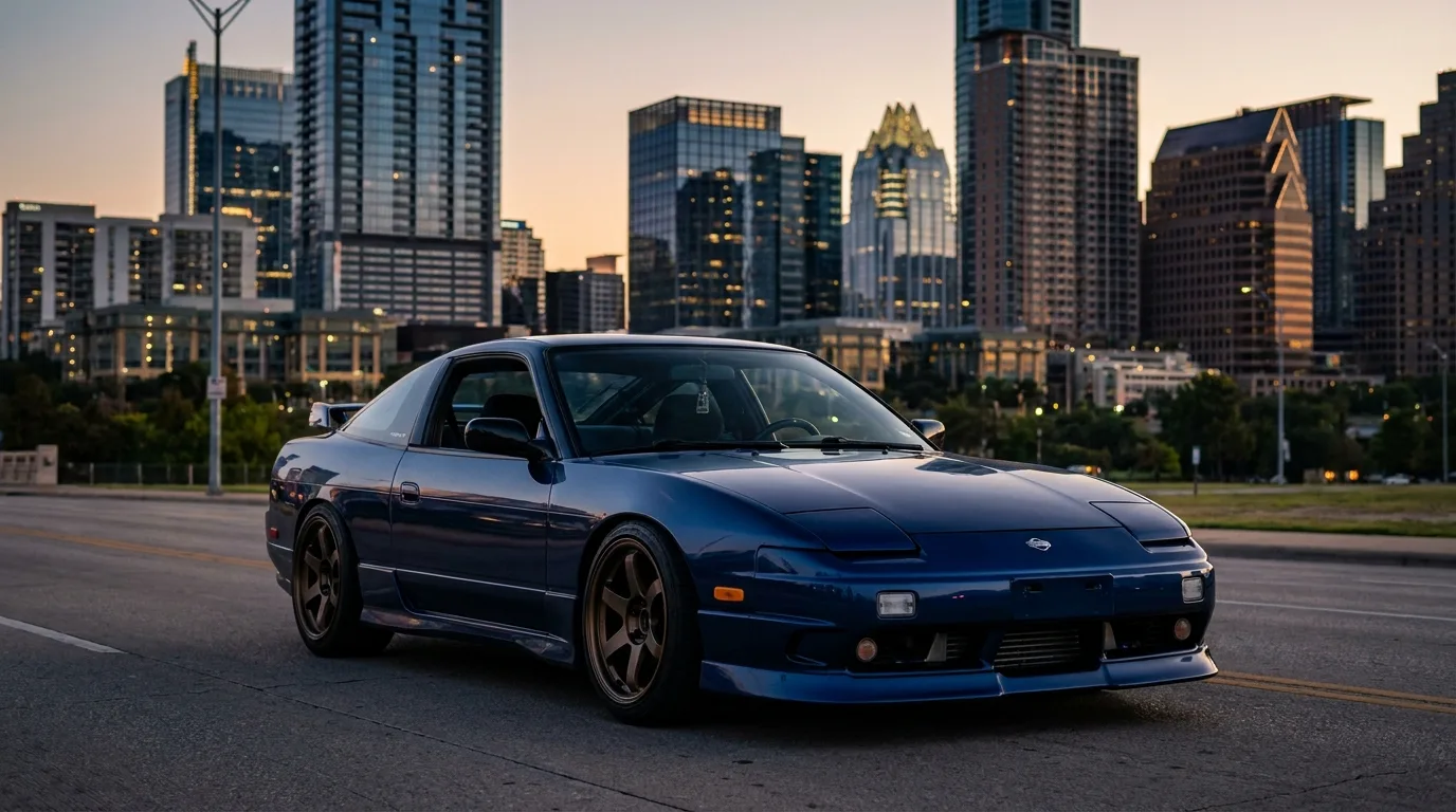 A modified Nissan 180SX parked with a Texas city skyline behind it