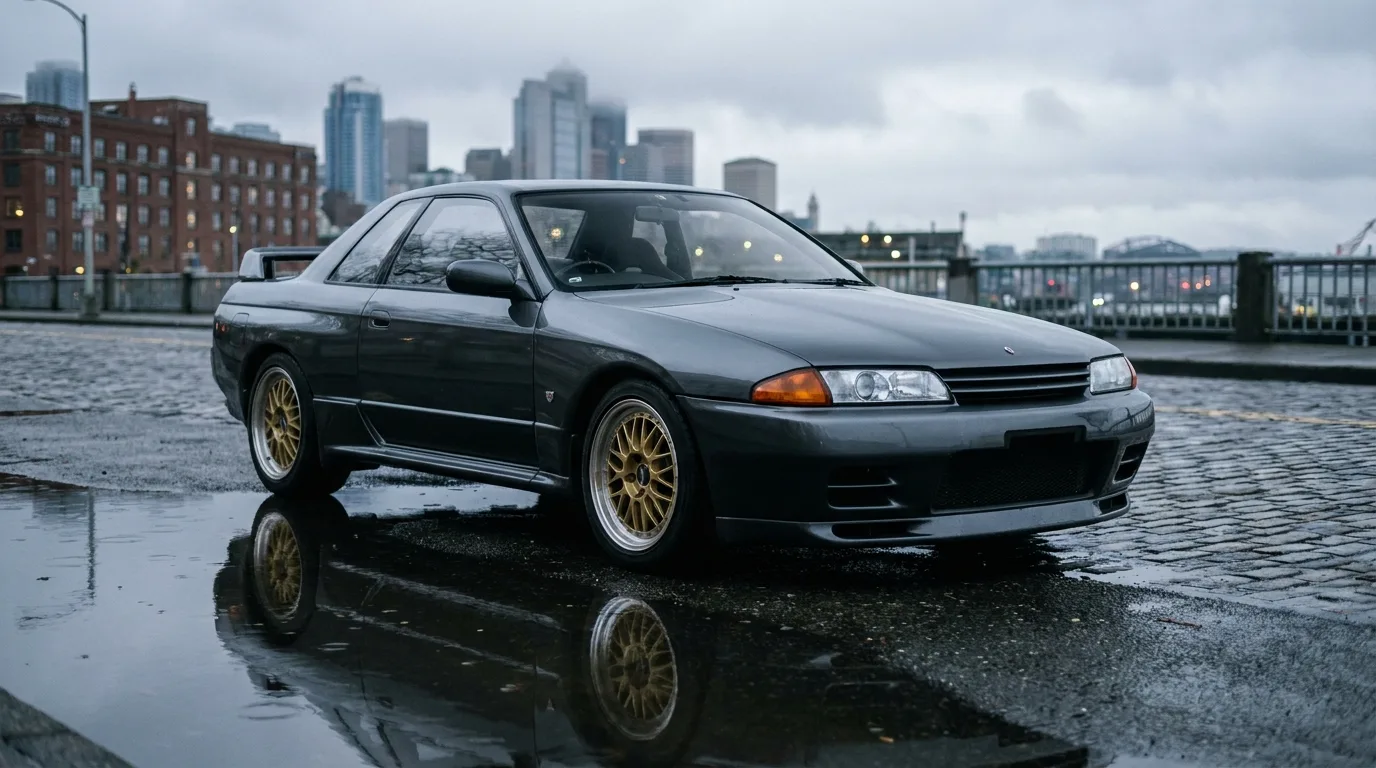 A Nissan Skyline R32 GT-R on a rain-slick Seattle street