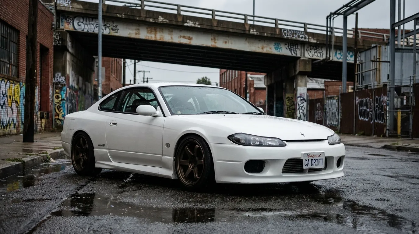 A drift-spec Nissan Silvia S15 parked on a US urban street with US plates