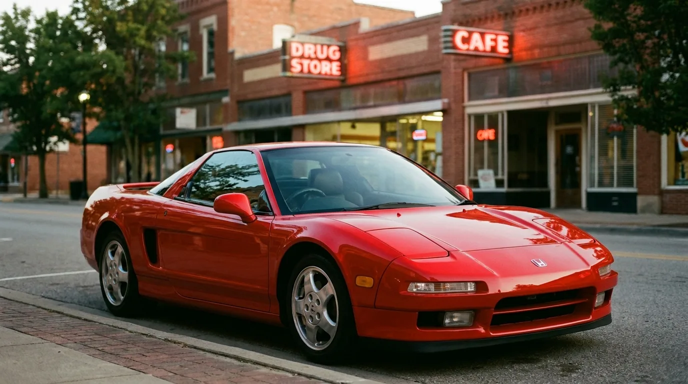 A clean red Honda NSX parked on a US city street