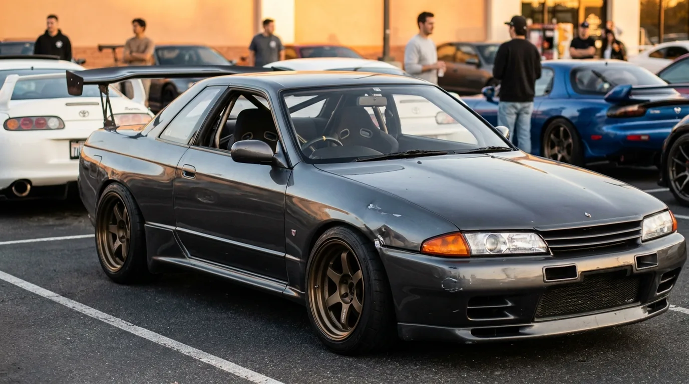 A right-hand-drive, drift-built Nissan Skyline R32 at a US enthusiast car meet